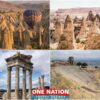 Tour group photo in Cappadocia with fairy chimneys in the background and a stop in Pergamon showcasing ancient ruins.