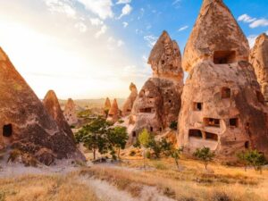 Panoramic view of Goreme Open Air Museum with intricate cave churches and unique rock formations under a clear sky.