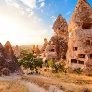 Panoramic view of Goreme Open Air Museum with intricate cave churches and unique rock formations under a clear sky.
