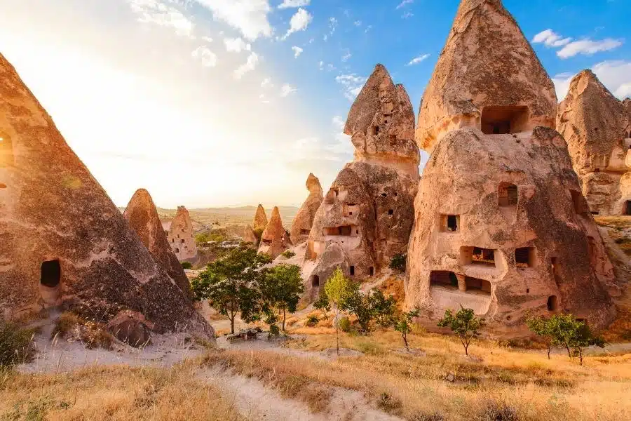 Panoramic view of Goreme Open Air Museum with intricate cave churches and unique rock formations under a clear sky.