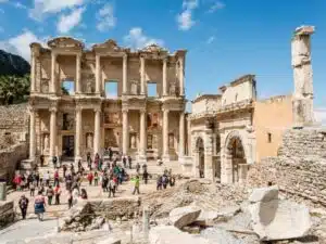 Ruins of Ephesus Ancient City, showcasing iconic pillars and stone streets.