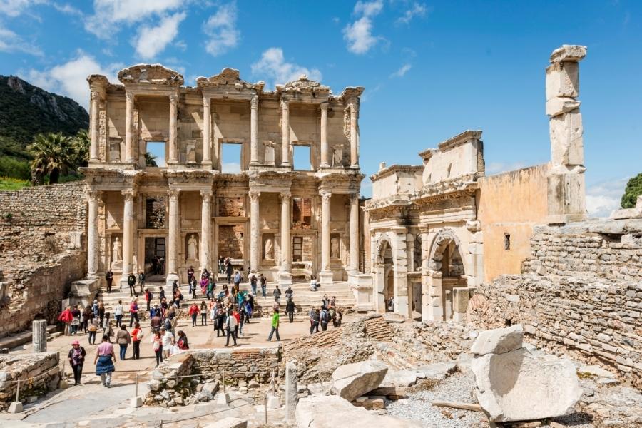 Ruins of Ephesus Ancient City, showcasing iconic pillars and stone streets.