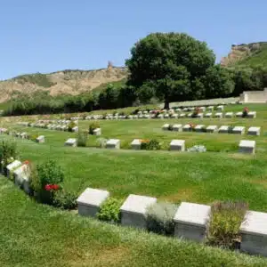 Ariburnu Cemetery in Gallipoli, rows of white headstones against serene landscape.