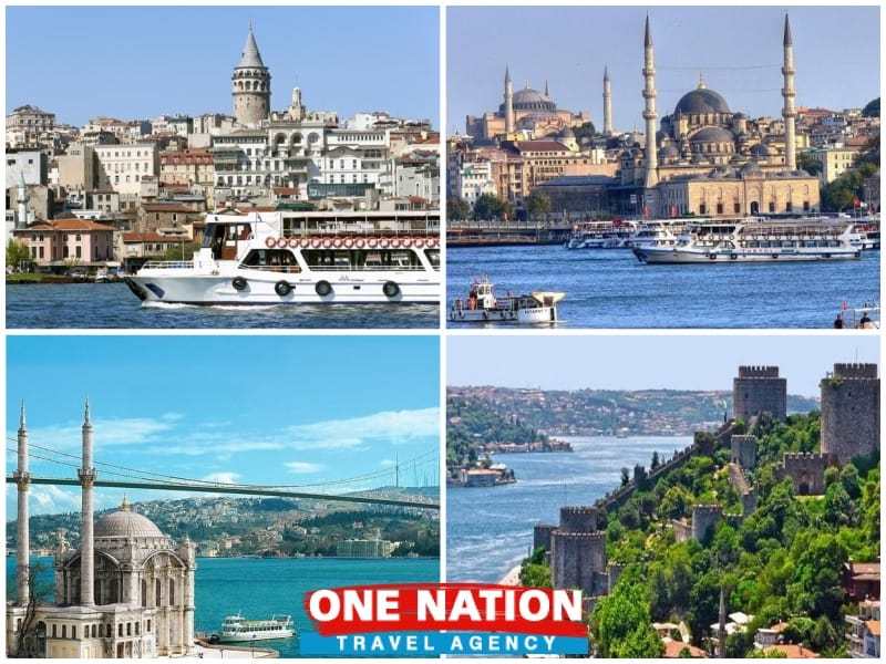 Luxurious Bosphorus cruise ship gliding on serene waters, iconic Istanbul skyline in view.