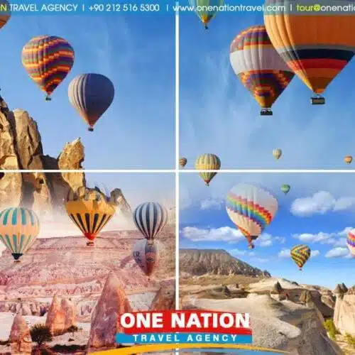 Colorful hot air balloons over Cappadocia's unique rock formations at sunrise.