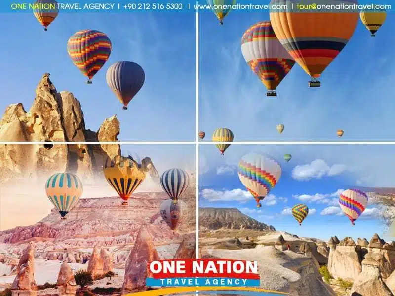 Colorful hot air balloons over Cappadocia's unique rock formations at sunrise.