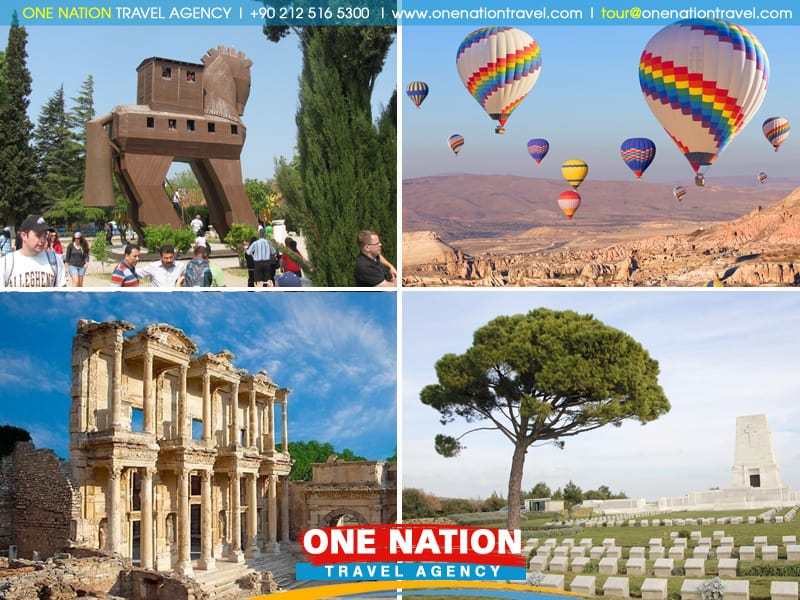 An image representing a 5-day tour to Cappadocia, Pamukkale, Ephesus, Troy, and Gallipoli, showcasing the stunning landscapes and historical sites of Turkey.