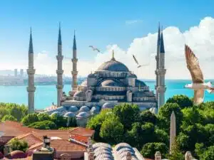 View of Istanbul's Blue Mosque with the sea in the background, highlighting the city's scenic coastline.