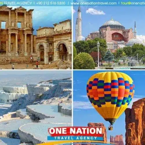 Vibrant montage of Turkey's famed destinations, featuring Istanbul's historic skyline with the Hagia Sophia, the ancient city of Ephesus's well-preserved ruins, Pamukkale's cascading white mineral terraces with azure thermal pools, and Cappadocia's surreal landscape dotted with hot air balloons at dawn. This image encapsulates the rich cultural and natural beauty experienced during an 8-day tour of Turkey's wonders.