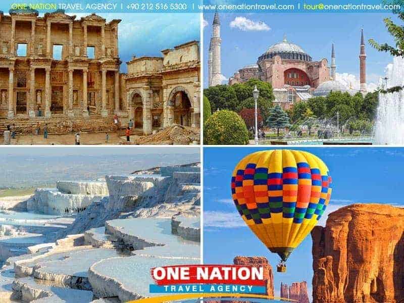 Vibrant montage of Turkey's famed destinations, featuring Istanbul's historic skyline with the Hagia Sophia, the ancient city of Ephesus's well-preserved ruins, Pamukkale's cascading white mineral terraces with azure thermal pools, and Cappadocia's surreal landscape dotted with hot air balloons at dawn. This image encapsulates the rich cultural and natural beauty experienced during an 8-day tour of Turkey's wonders.