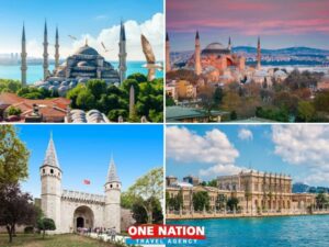 Panoramic view of Istanbul landmarks: Blue Mosque, Hagia Sophia, Topkapi Palace, Dolmabahçe Palace.