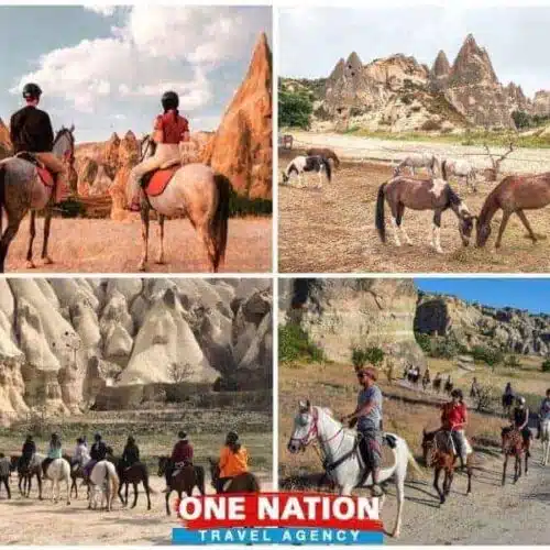 Horseback riders exploring Cappadocia's unique fairy chimneys and valleys.