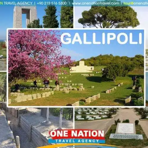 Scenic view of the Gallipoli battlefield with memorial markers under a clear blue sky, popular site for Istanbul day trips.