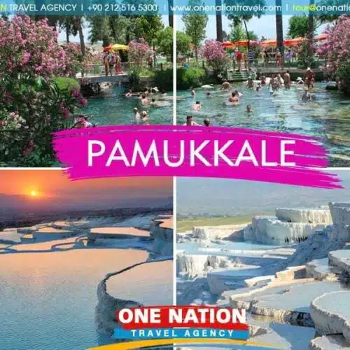 Pamukkale tour group departing from Denizli, showcasing the iconic white terraces.