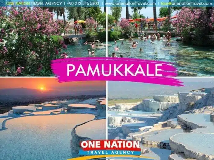 Pamukkale tour group departing from Denizli, showcasing the iconic white terraces.