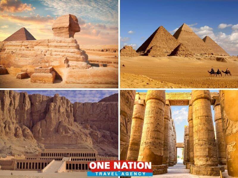 Explorers enjoying the historical landmarks on a 5 Days Cairo and Luxor Tour, featuring the Great Pyramids of Giza and the majestic temples of Luxor.