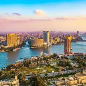 a city with water and buildings