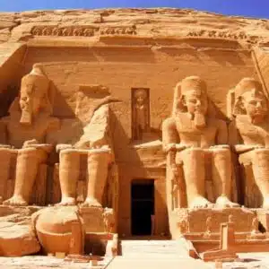 Aerial view of Abu Simbel temples, showcasing the grand stone structures and surrounding desert landscape.