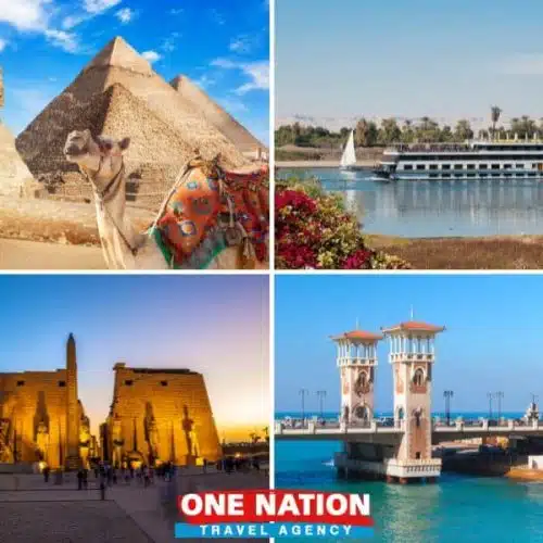 Tour itinerary brochure featuring highlights of Cairo, Aswan, Nile Cruise, Luxor, and Alexandria.