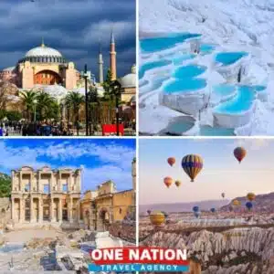 Group exploring Cappadocia's fairy chimneys during a 5-day Turkey tour, including Istanbul, Pamukkale, and Ephesus.