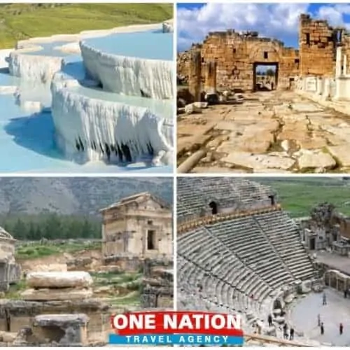 Pamukkale terraces and thermal pools viewed on a day trip from Bodrum.