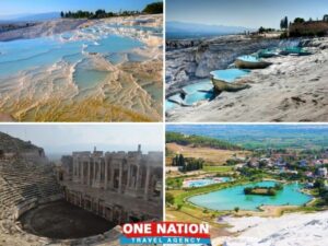 Day trip group at Pamukkale's white terraces, Antalya, showcasing natural thermal pools.
