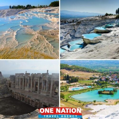 Day trip group at Pamukkale's white terraces, Antalya, showcasing natural thermal pools.