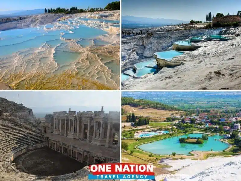 Day trip group at Pamukkale's white terraces, Antalya, showcasing natural thermal pools.