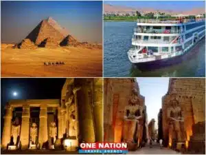 Panoramic view of the Great Pyramids of Giza with a backdrop of the Cairo skyline, transitioning to scenes of a luxury Nile Cruise ship sailing between Luxor and Aswan, showcasing ancient temples along the riverbanks.