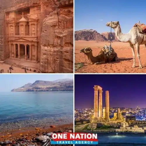 Collage of Jordan's top attractions: Petra's ancient Treasury, camels in Wadi Rum, the Dead Sea, and the Amman Citadel at night.