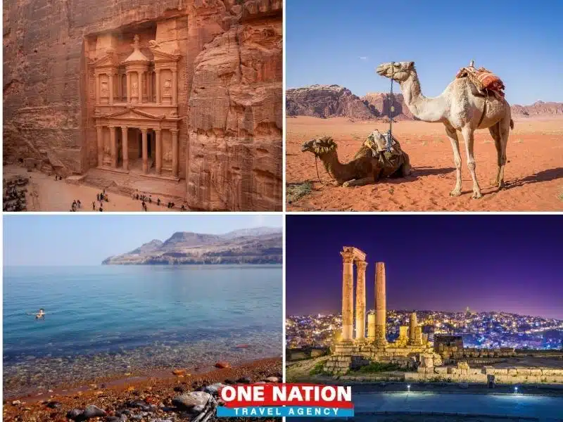Collage of Jordan's top attractions: Petra's ancient Treasury, camels in Wadi Rum, the Dead Sea, and the Amman Citadel at night.