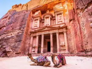Stunning view of the Great Temple in Petra, Jordan, showcasing intricate rock-cut architecture.