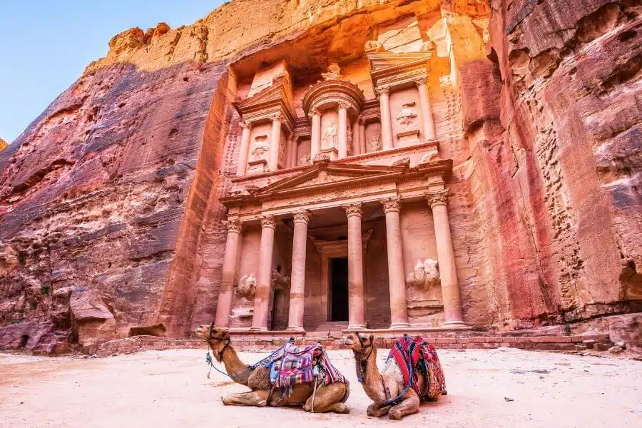 Stunning view of the Great Temple in Petra, Jordan, showcasing intricate rock-cut architecture.