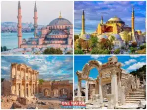 Travelers exploring ancient Ephesus ruins and Istanbul's landmarks on a 5-day Turkey tour.