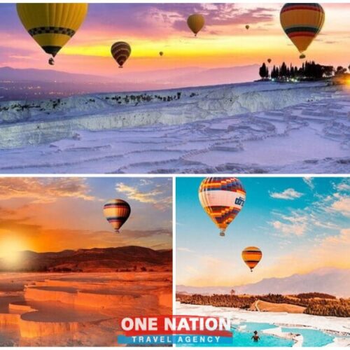 Hot air balloon ride over Pamukkale's white terraces and thermal pools.