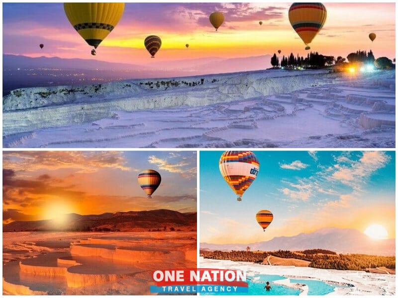 Hot air balloon ride over Pamukkale's white terraces and thermal pools.