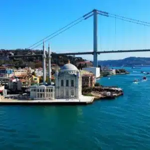 Grand Mecidiye Mosque in Ortakoy with ornate architecture and Bosphorus view.