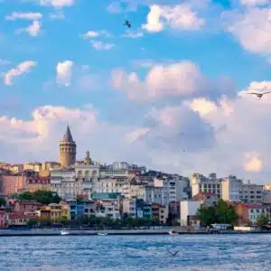Panoramic view of Istanbul's historic old city, featuring iconic landmarks like Hagia Sophia and the Blue Mosque under a clear sky.