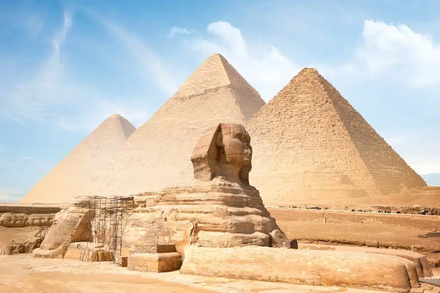 Majestic Great Sphinx of Giza, limestone statue with a lion's body and a human head.