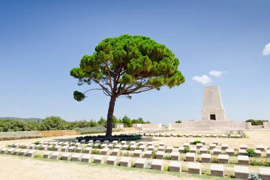 Group of tourists on a Gallipoli Tour from Istanbul, standing at historical battlefields and memorials, reflecting on World War I history.