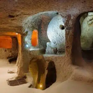 Narrow stone passageways inside Derinkuyu Underground City, carved from rock, showcasing ancient engineering.