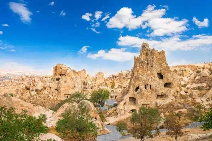 A scenic view of Goreme Open Air Museum featuring ancient cave churches and frescoes in a rocky landscape.
