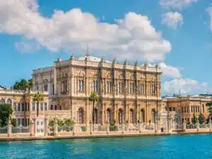 olmabahce Palace in Istanbul, showcasing its grand architecture and waterfront view.