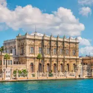 olmabahce Palace in Istanbul, showcasing its grand architecture and waterfront view.