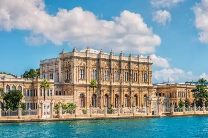 olmabahce Palace in Istanbul, showcasing its grand architecture and waterfront view.