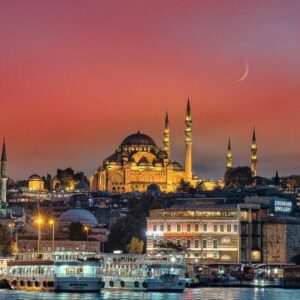 Süleymaniye Mosque in Istanbul, with its impressive domes and minarets, seen from the sea.