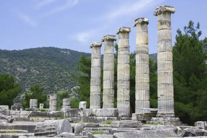 Ruins of Priene Ancient City in Aydin, Turkey showcasing ancient Greek architecture and stone structures.