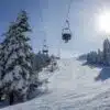 A ski lift with empty chairs ascends over a snowy slope dotted with pine trees under a bright blue sky.