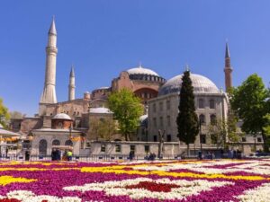 a large building with domes and flowers with Hagia Sophia in the background