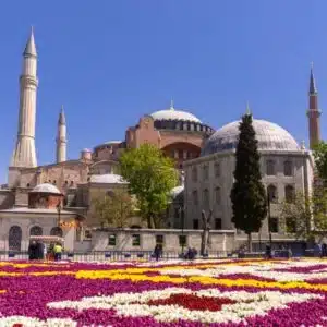 a large building with domes and flowers with Hagia Sophia in the background